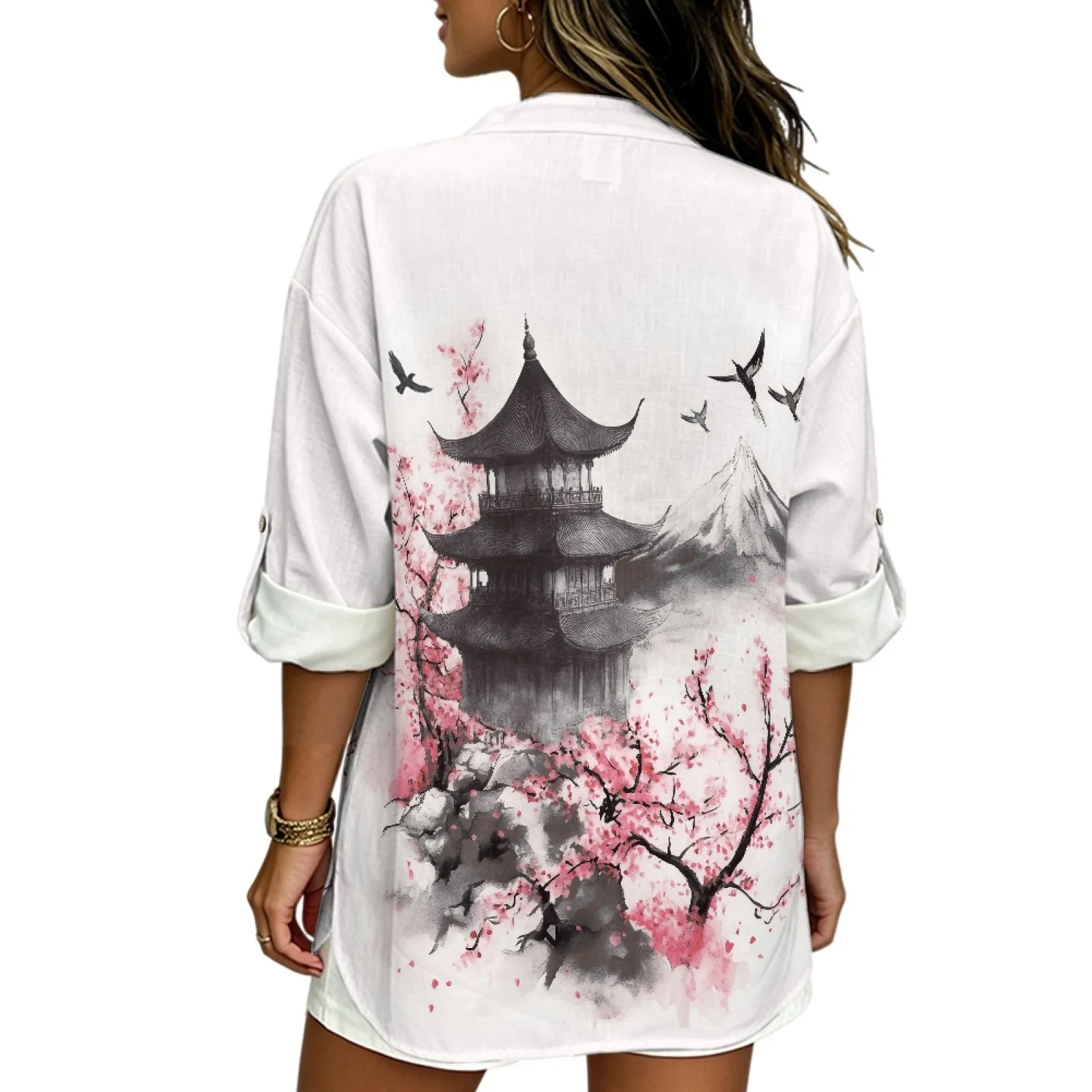 PENSTROLL Ink Cherry Blossom Pagoda Linen Style V Neck Blouses for Beach Vacation Roll up Women's Blouse Casual Blouses