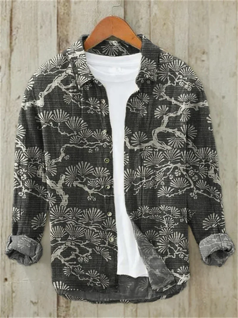 New Summer Men's Fashion European and American Trendy Cotton and Hemp Collar Beach Shirt Long Sleeve Festival Clothing Top