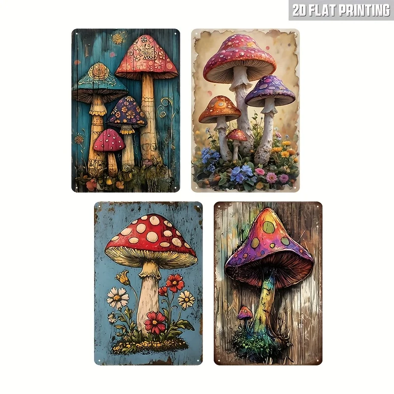 4pcs Vintage Mushroom Wall Art Metal Signs, Decorative Plaques& Signs, Retro 2D Flat Printed Nature& Botanical Decor For Kitchen