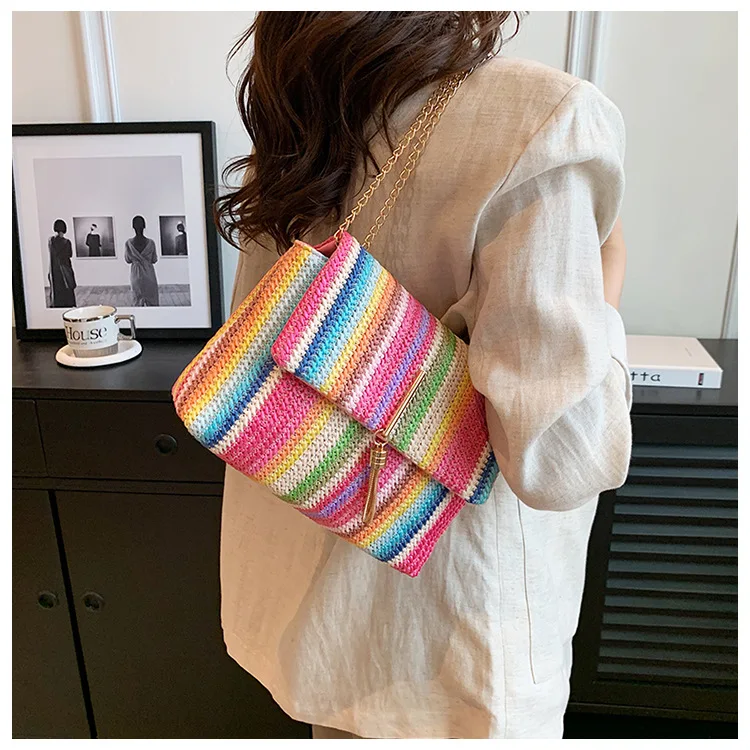 Bohemia Rainbow Weave Handbags For Women Retro Ethnic Style Underarm Bags Metal Chain Shoulder Bags Ladies Daily Shopping Bag