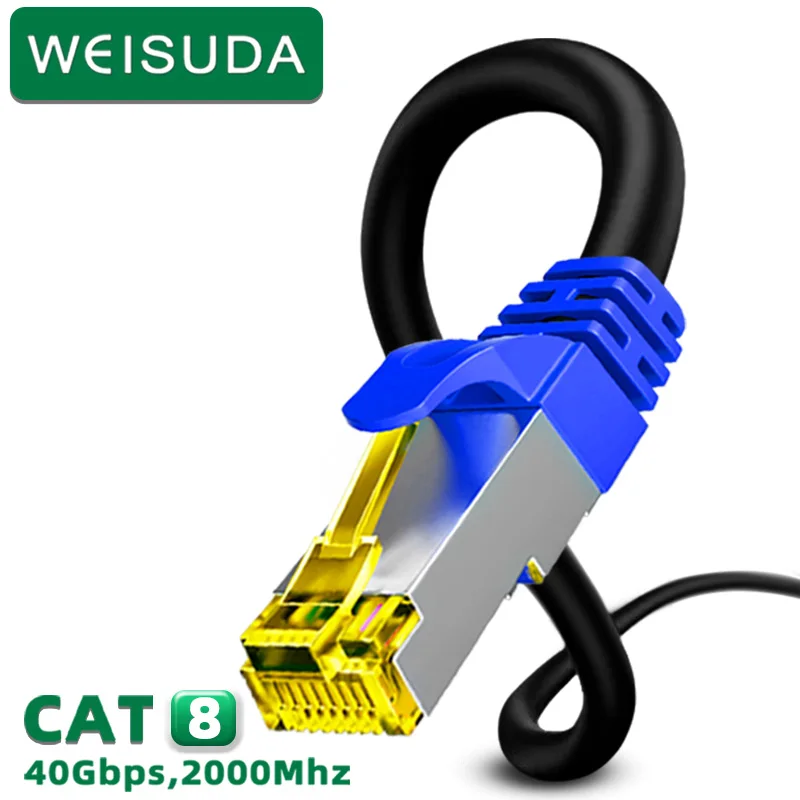 

Кабель Ethernet Cat 8 Высокоскоростной сетевой кабель локальной сети 26AWG 40 Гбит/с 2000 МГц с позолоченным разъемом RJ45 Интернет на открытом воздухе и в помещении