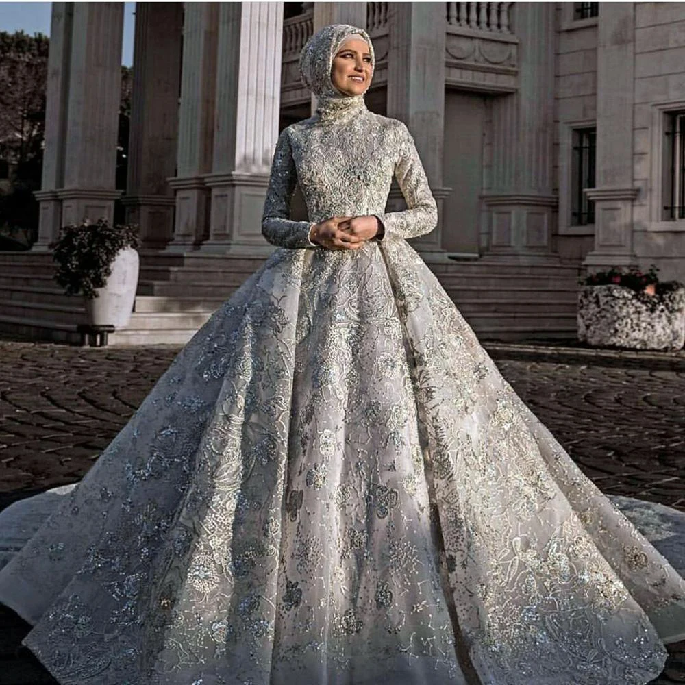 

Luxury Muslim Wedding Dresses Floral Appliqued A Line Jewel Neck Country Wedding Dress Custom Made Sweep Train Vestidos De Novia