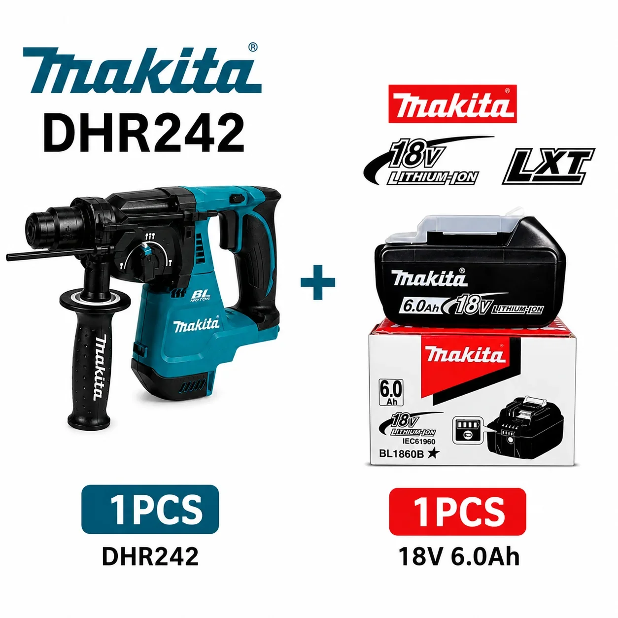 Makita DHR242 18V LXT Bürstenloser Akku-Bohrhammer 24mm SDS Plus 2,0J 4700 BPM 3-Modus Beton-Bohrwerkzeug-Set mit BL1860B BL1840 Akku-Ladegerät