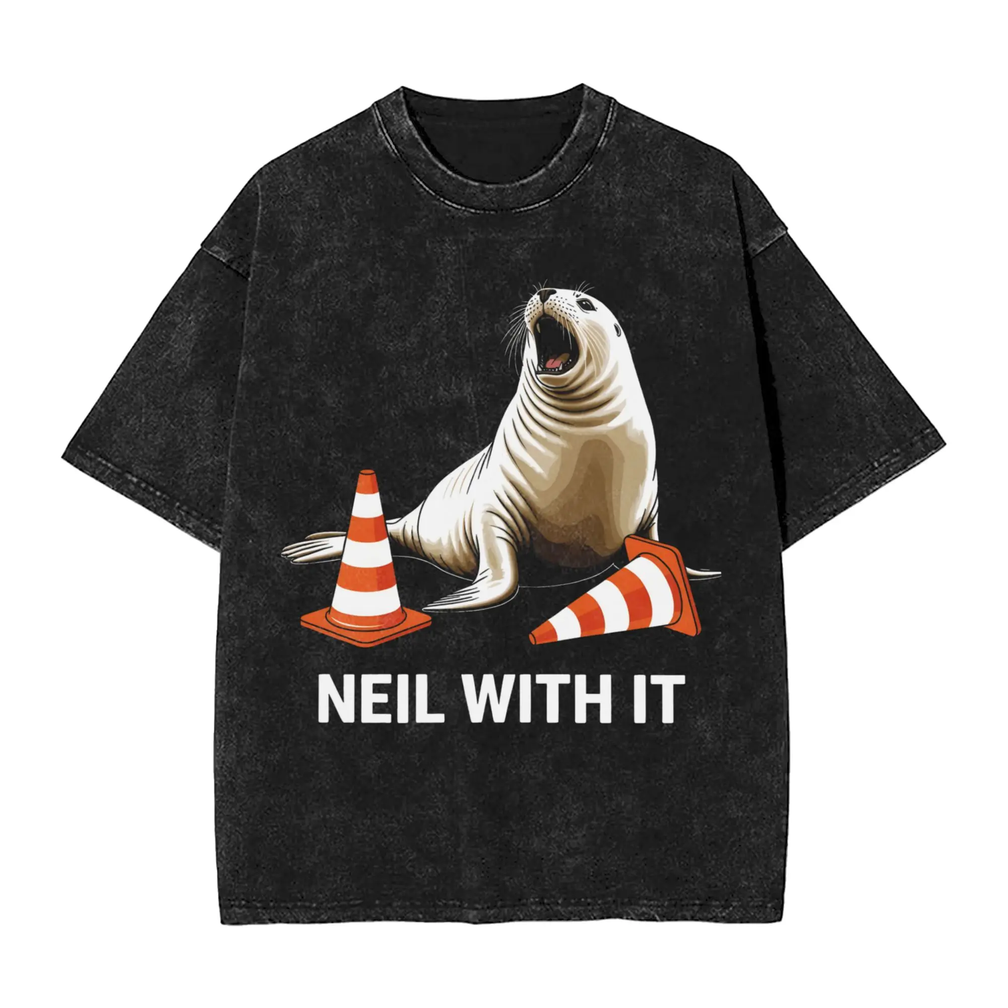 Harajuku Washed T-Shirt Neil the Seal  Cotton T-Shirts  Novelty Tee Shirt for Couple Summer Y2K Fun Print Clothes