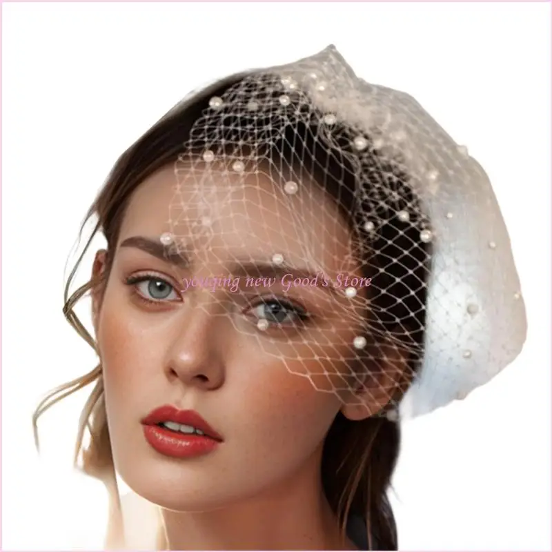 57QA Elegant French Styles Tulle Veil With Delicate Imitation Pearls Detail Costume Accessory For Weddings Parties