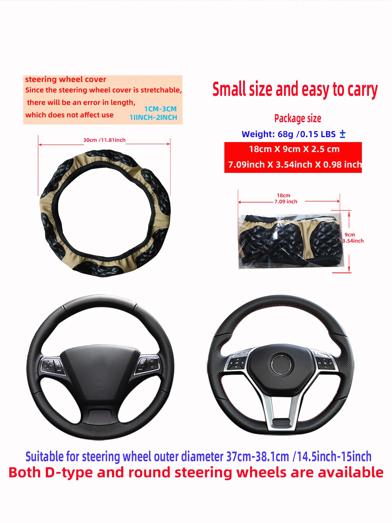 PU leather embroidered 6-round car rimless steering wheel cover suitable for 38cm car decoration items for women