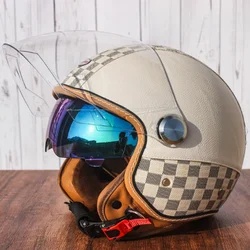 White Checkerboard Retro 3/4 Open Face Half Motorcycle Helmet Adult Vintage Jet Helmet for Men Women DOT Approved Double Visor
