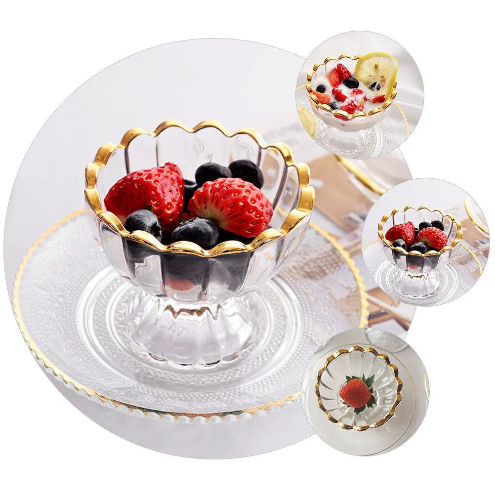 Gold Trim Glass Dessert Cup Right Size for Ice Cream Sundae Pudding Delicate Smooth Craftsmanship Ice Cream Cup