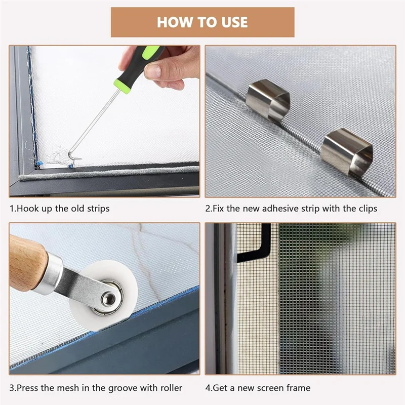 A53Q-11 Pcs Screen Repair Kit, Screen Roller Tool With Bearing, 65FT Screen Spline 8Pcs Screen Clips And Spline Removal Hook