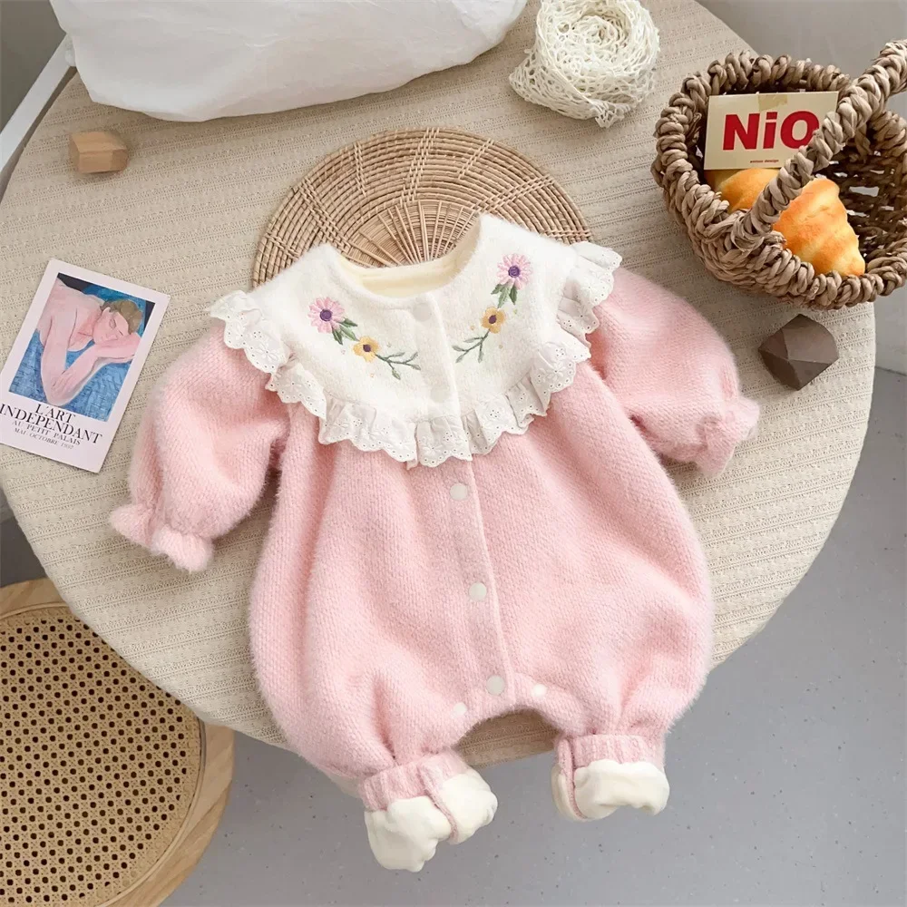 2024 Winter Infant Baby Girls Cute One-pieces Kids Ruched Embroidery Flower Thick Plush Warm Jumpsuits , Newborn Romper 0-24M