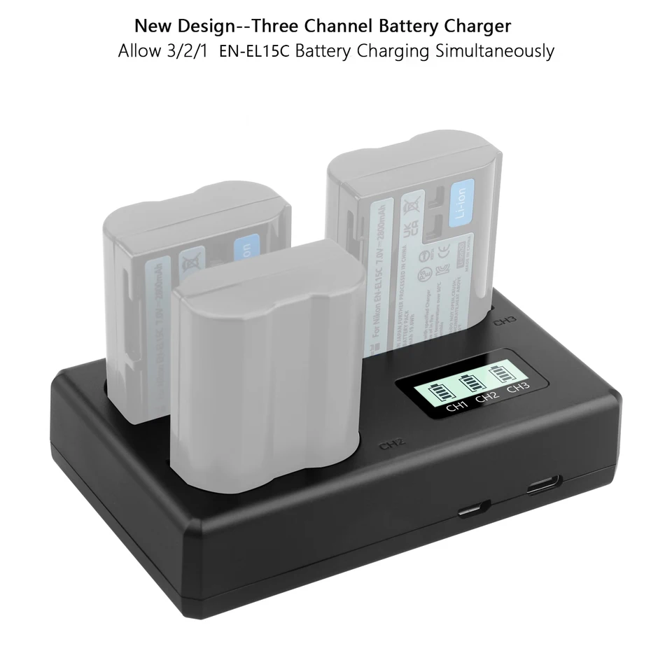 ニコン用バッテリー充電器,EN-EL15C, EN-EL15a, EN-EL15b, 3スロット