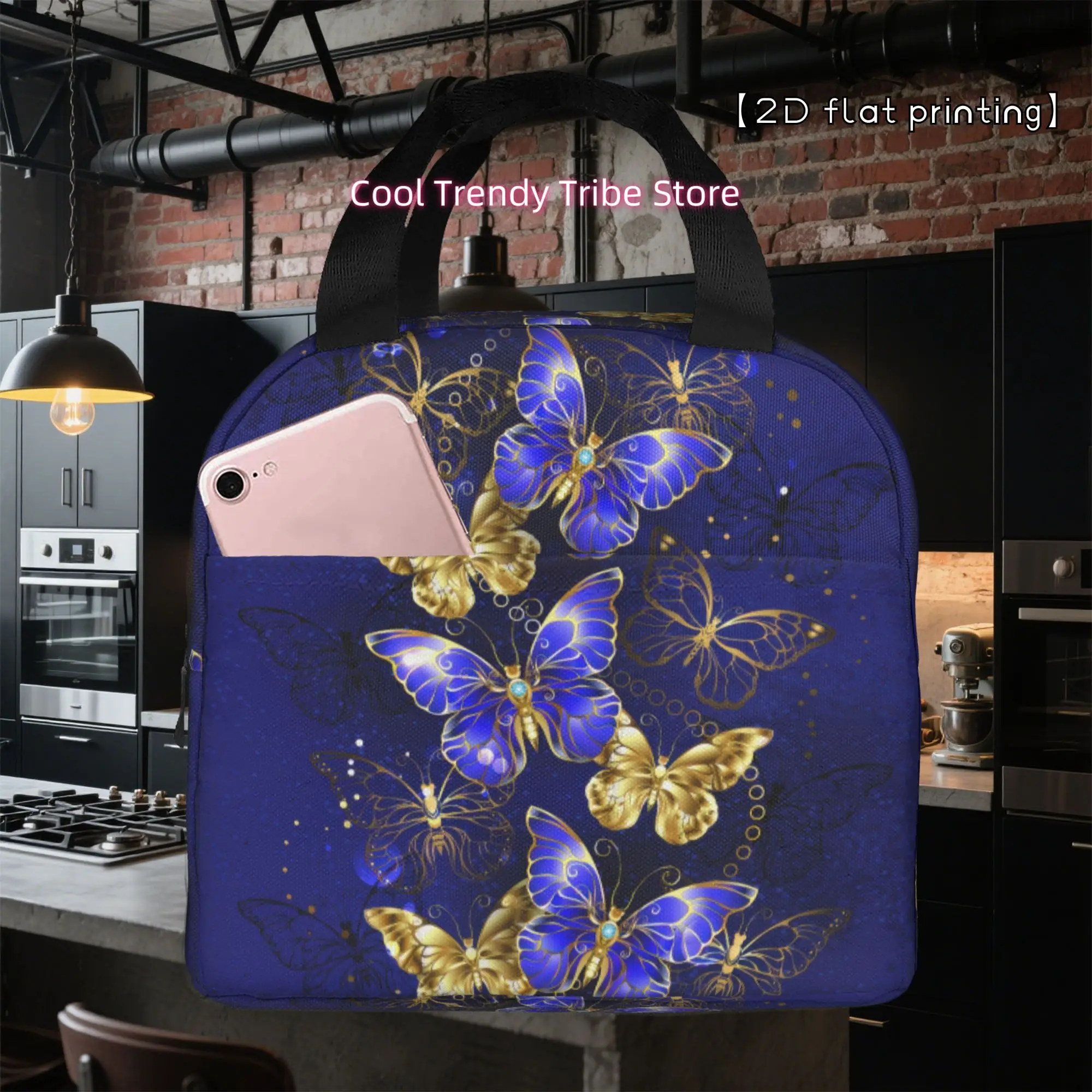 1pc Blue and Golden Butterfly Pattern Reusable Cooler Bag with Top Handle - Stylish Lunch Bag for Office, Outdoor, Beach Essenti