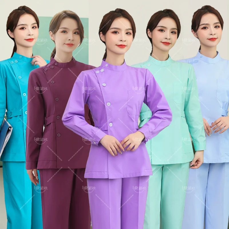 Women Scrub Set Long Sleeve Scrub Coat Side Opening Spa Uniforms Slim Fitting Winter Stand Collar Clinic Dentist Workwear Cotton