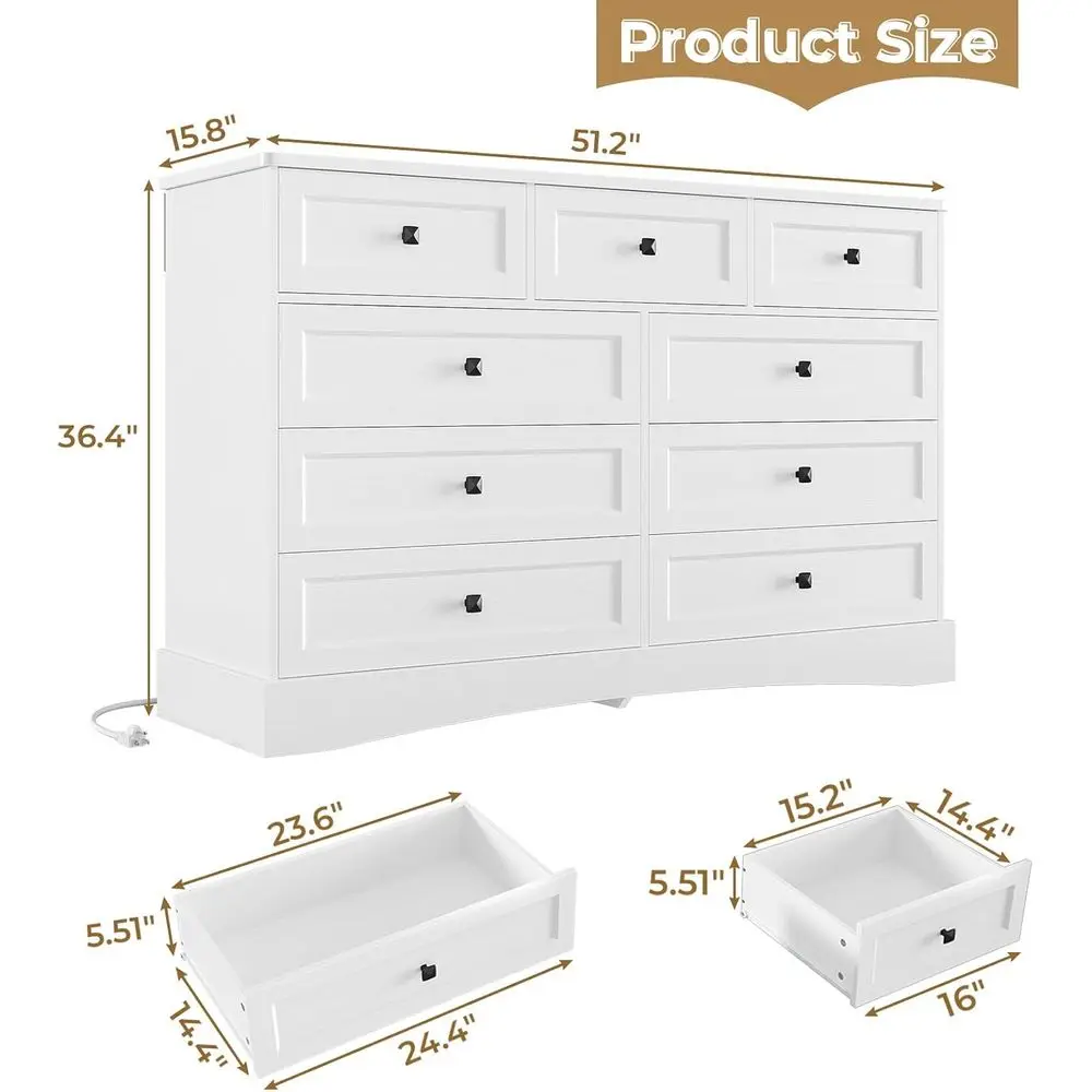 Duża komoda z 51,2 cm szerokością, 9 szufladami, stacją ładującą, szerokim szufladnikiem, drewnianym organizerem do przechowywania do sypialni.