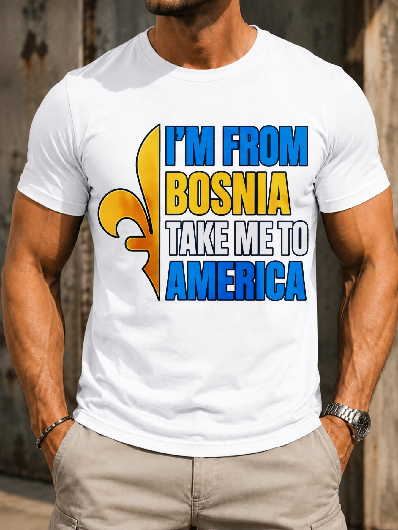 Camiseta Unisex con Estampado de Símbolo Fleur De Lis Azul y Amarillo, con la Frase 'Llévame a América' de Bosnia, para Viajes y Cultura