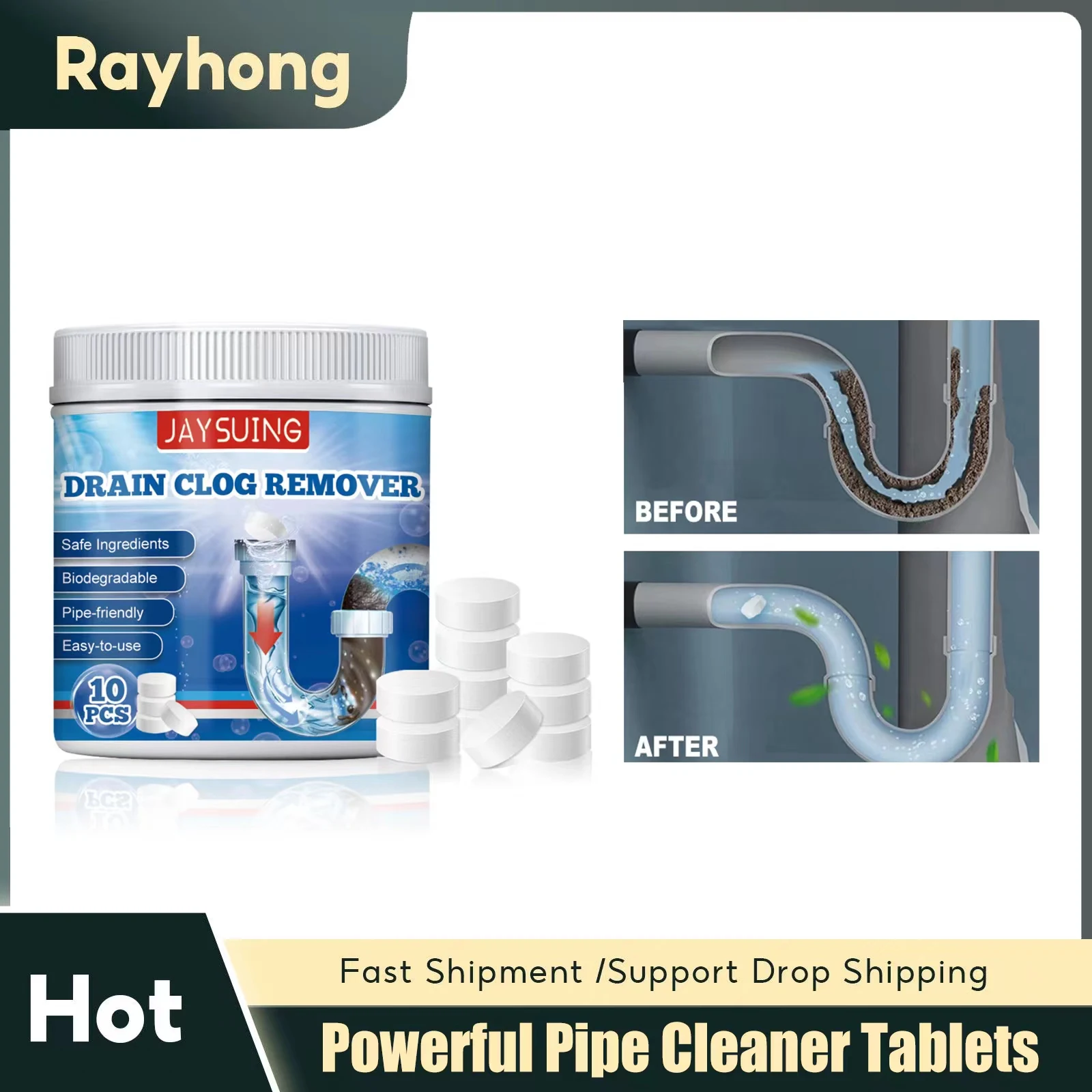 Pipe Dredging Agent Deep Cleaning Toilet Pipe Sewer Dredging Closestool Clogging Deodorant Sink Drain Quick Clean Tablets 10pcs