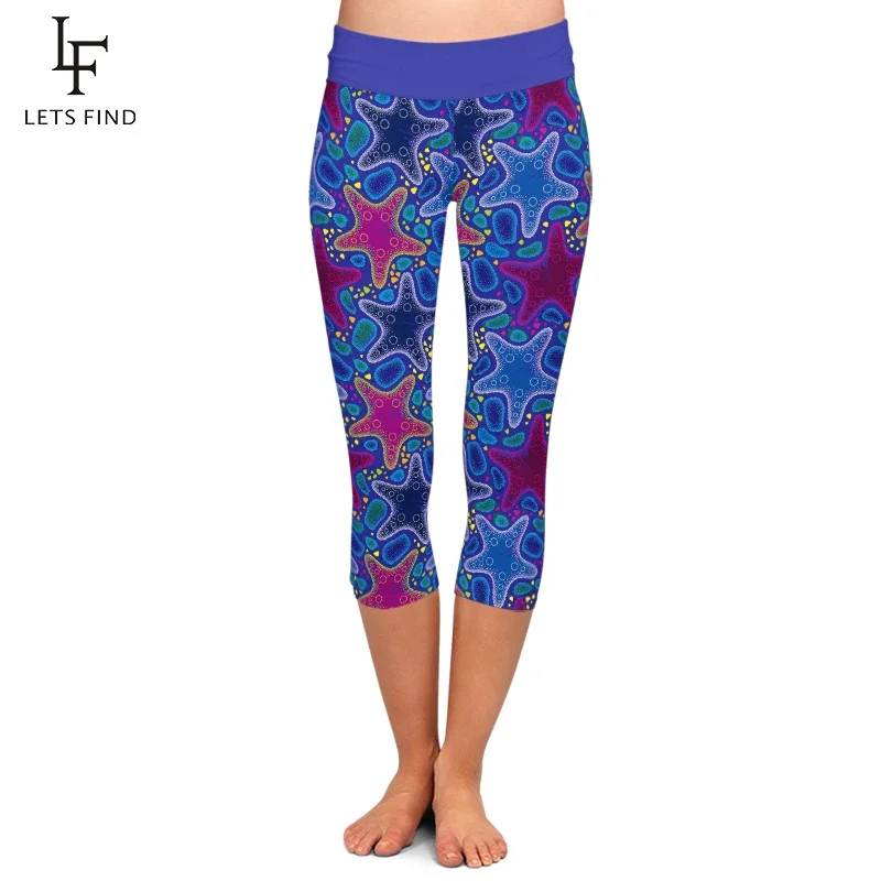 

LETSFIND Women 220gsm Milk Silk Printings Capri Leggings High Waist Starfish Design Fitness Mid-Calf Pants