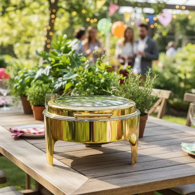 Modern 6L Gold Round Chafing Dish Stainless Steel for Small Party Catering Event