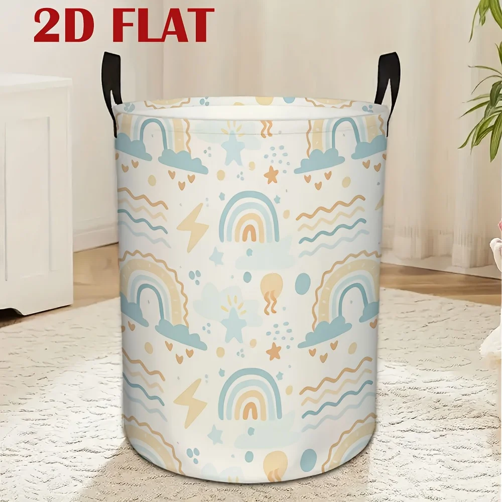 Rainbow Ripple Pattern Round Laundry Basket Large Capacity Foldable Polyester Storage Bin with Handle Ideal for Home Dorm