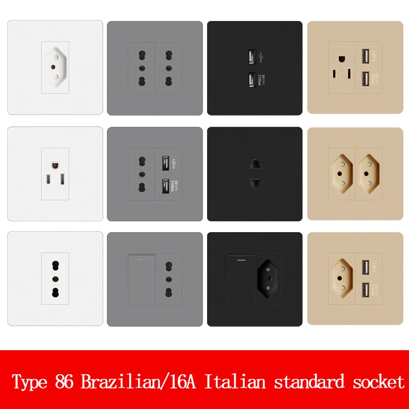 Type 86 Concealed Switch Socket Brazilian Italian American Standard 13A/16A Socket With 2 USB Charging Sockets 4 Colors Optional