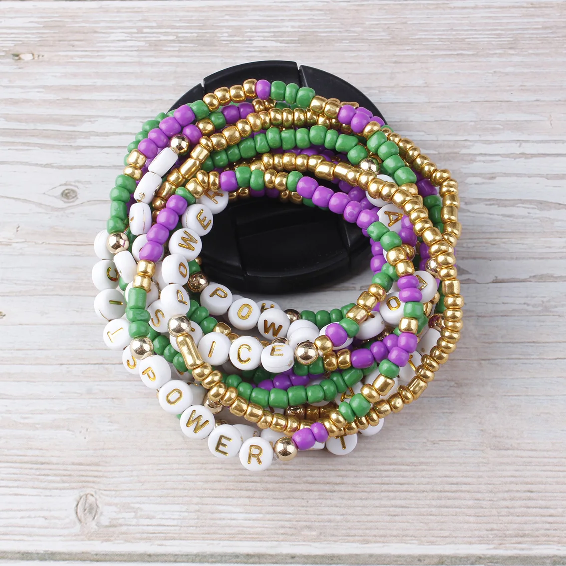 

Mardi Gras Gold Green Purple Beaded Stacked Saying Bracelets for Women Outside Jewelry Gift
