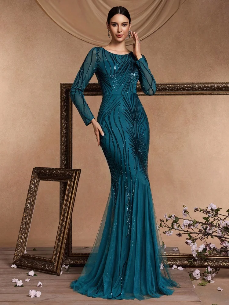 Elegant Long Sleeves Blue Sequin Evening Dresses 2025 Women Mermaid Formal Party Maxi Prom Dress Cocktail Graduation Gowns