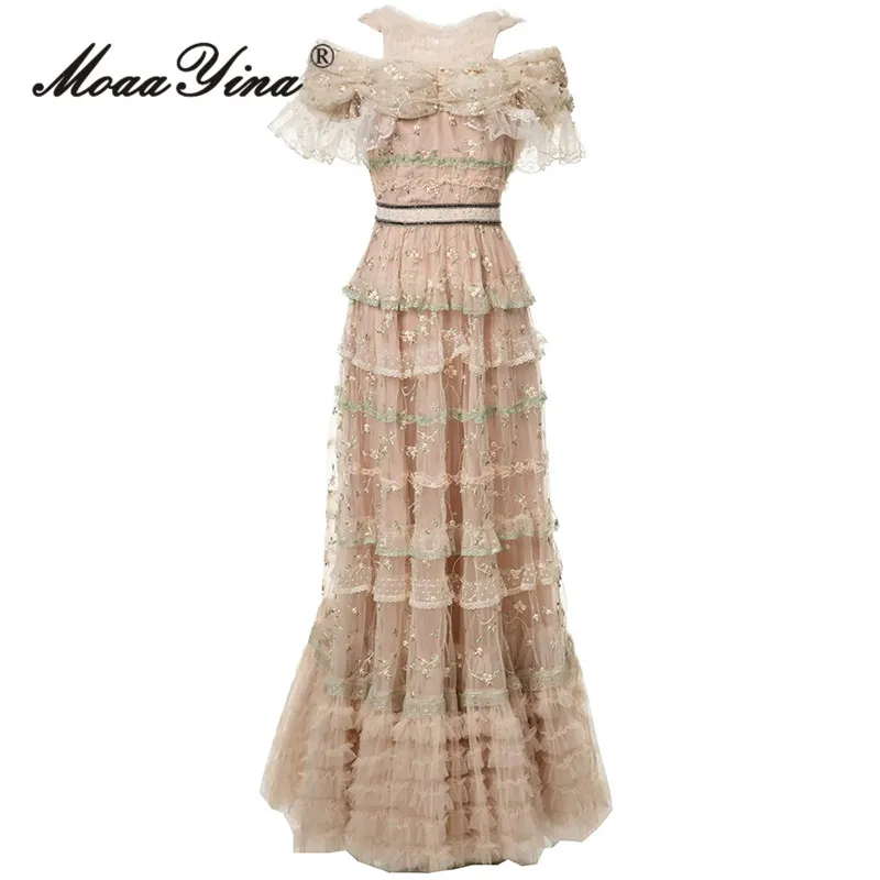 MoaaYina malha bordada meia manga em camadas babado borda de renda manga curta vestido de festa S-4XL 2025 primavera/verão