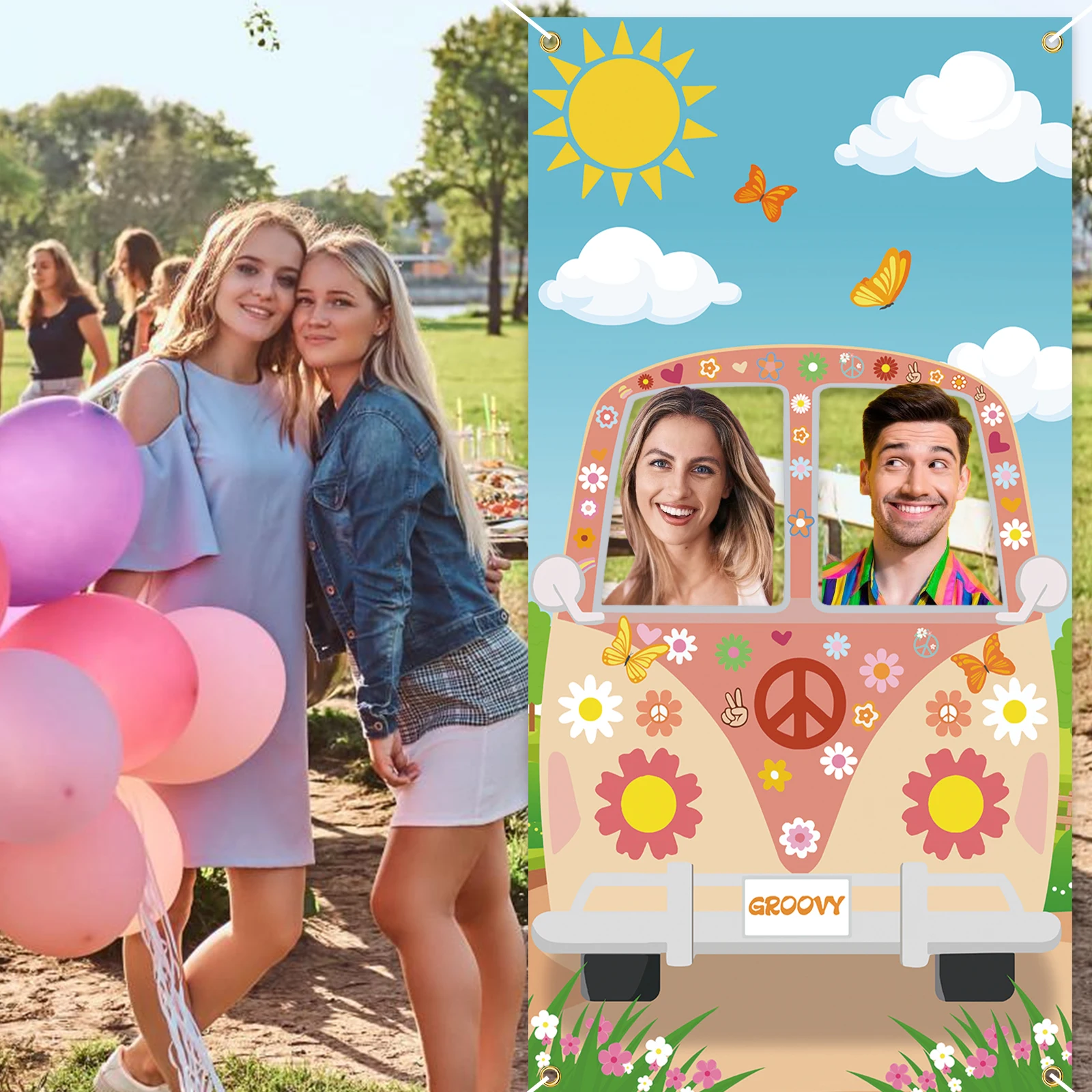 Large Funky Hippie Bus Photo Booth Props Banner - Retro Daisy Groovy Backdrop for 60s 70s Birthday Party Decoration, Vibrant Col