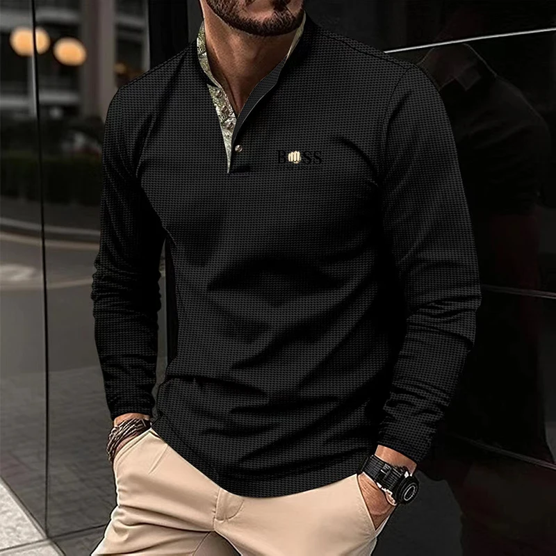 New men\'s autumn and winter leisure printed long sleeve POLO shirt High quality lapel button down T-shirt European size long sle