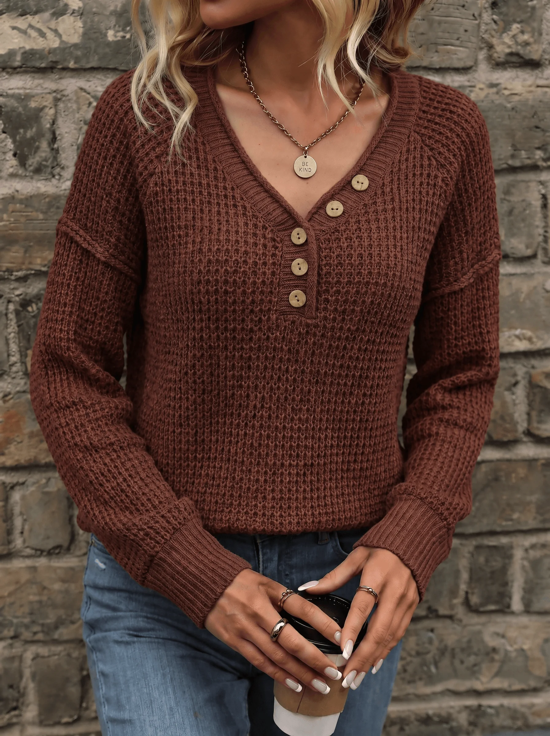 2026 Women's Casual Knit Sweater,  V Neck Button Detail Loose Long Sleeve Pullover for Spring