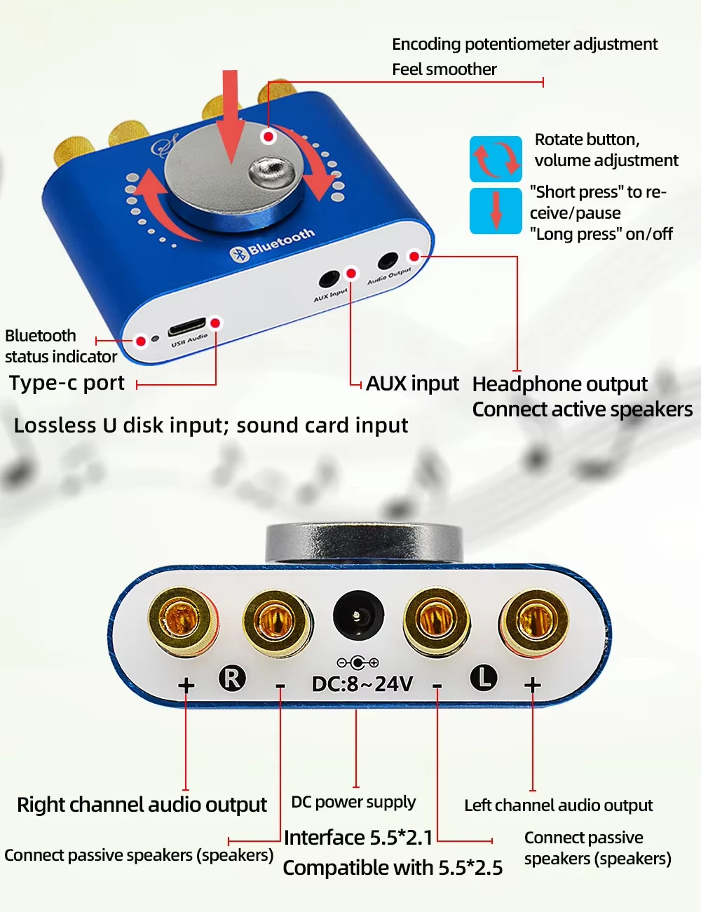 Sinilink XY-KA15H Wireless Audio Digital Power Amplifier Stereo Board 20Wx2 Bt Amp Amplificador APP 12V 24V
