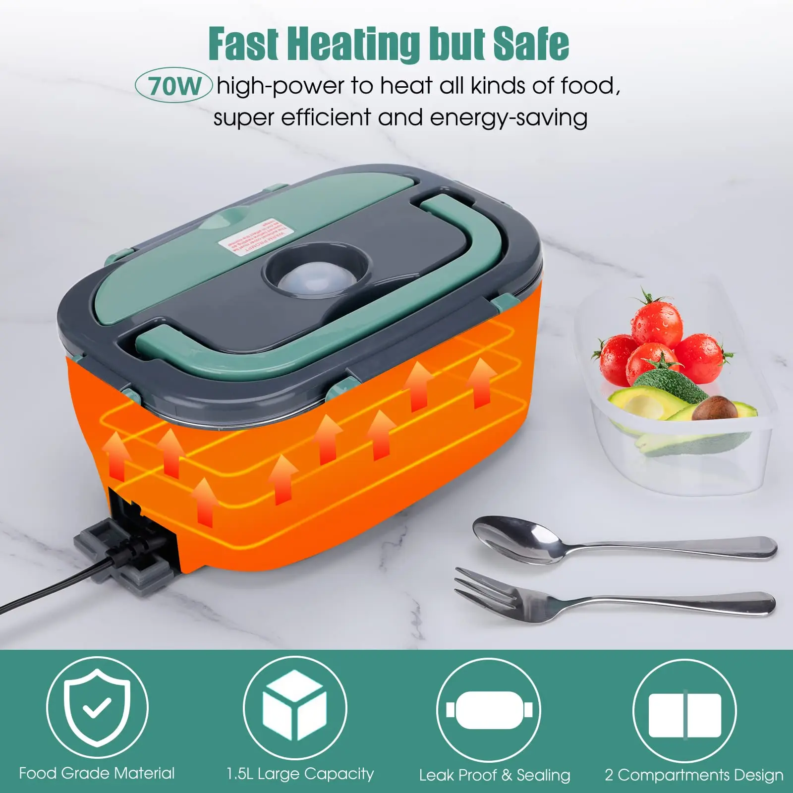 110/220V Electric Lunch Box Food Heater with 1.5L Removable Container 60W Leakproof Portable Lunch Box for 12/24V Car Truck Work