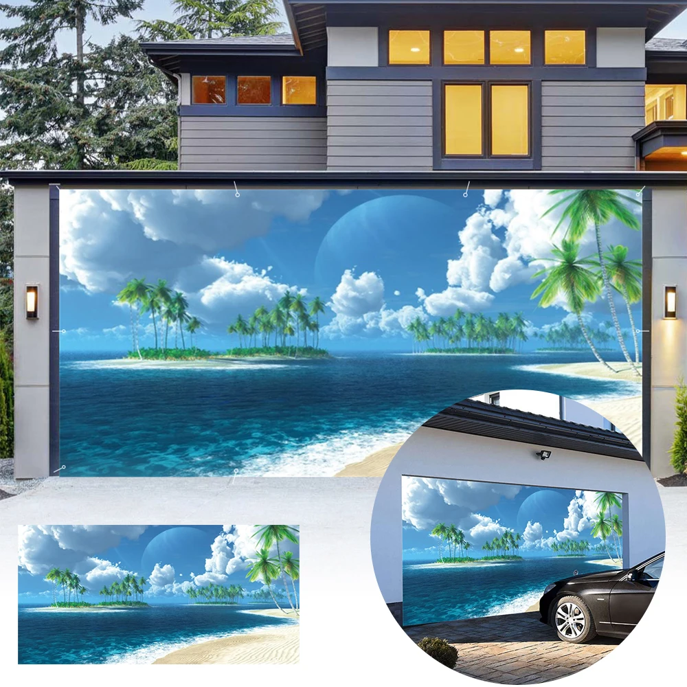 Verão tropical porta da garagem banner praia festa havaiana pátio pano de fundo céu azul oceano palmeira cena garagem porta capa