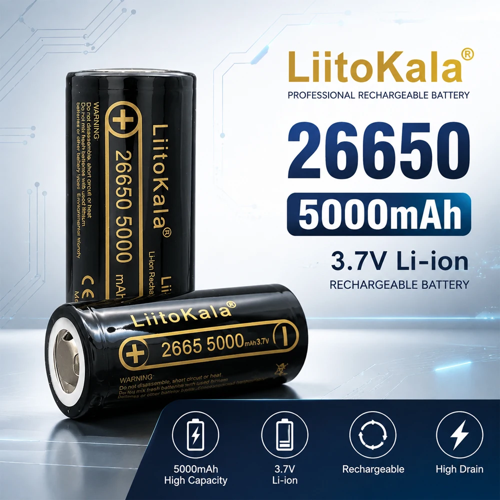 LiitoKala 26650 Battery 5000mAh 3.6V Li-ion Rechargeable Battery High Drain Flat Top Cell for Flashlight Power DIY