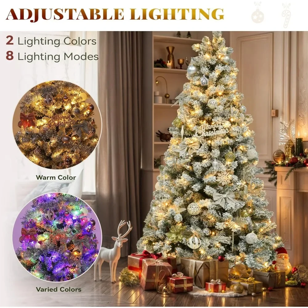 Christmas Tree Prelit Snow Flocked Artificial Full with 8 Light-Modes, 1346 Branch Tips, and Foldable Decoration Christmas Tree