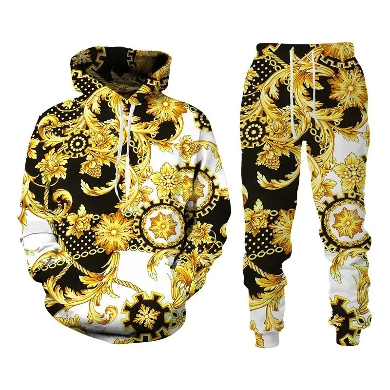 Fashion Luxury Golden Pattern Men Hoodie Sets 3D Print Sweatshirt Hooded Sweatshirt Oversize Sportswear Trousers Suit clothing