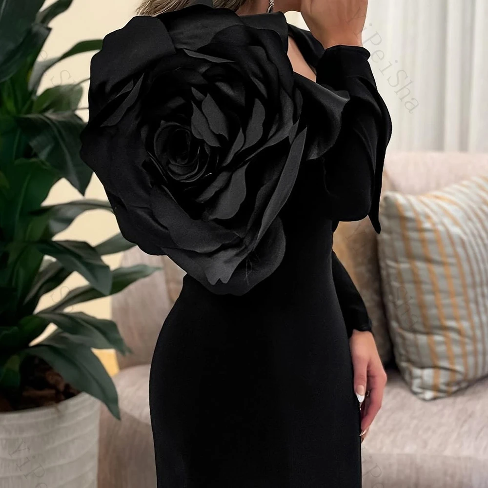 Customized A-line Evening Dresses Floor-length Square Collar Full Sleeve Prom Gown Fashion Flowers Simple Draped Party Gown