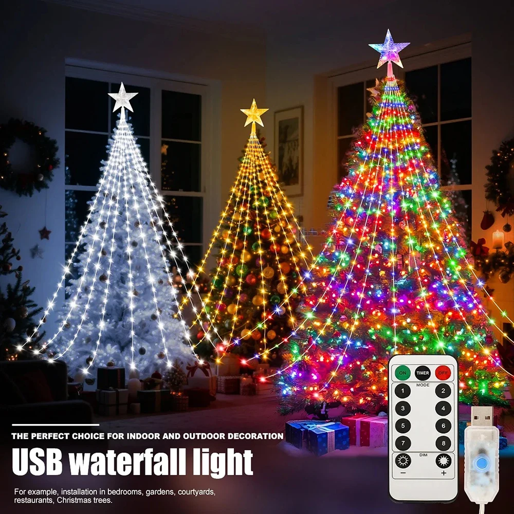 USB Christmas Tree Lights Waterfall with Star Topper 8 Modes LED String Lights with Timer for Indoor Outdoor Holiday Decoration