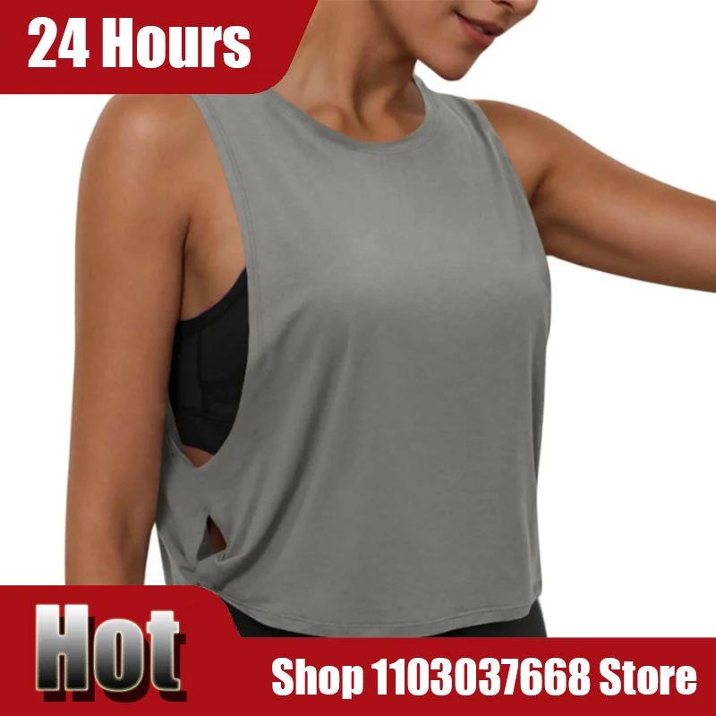 Women Sleeveless Yoga Tops Running Short Tank Crop Top Athletic Vest Breathable Blouse Cover Up Gym Workout Cool T-Shirt