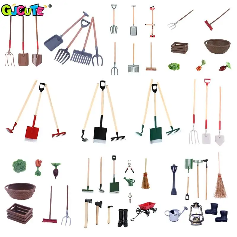 1Set 1:12 Dollhouse Miniature Farm Tool Ax Shovel Pull Cart Broom Boots Watering Can Garden Decor Toy Doll House Accessories