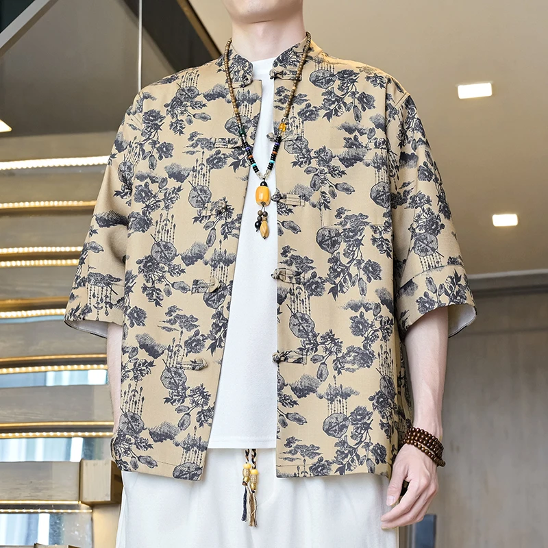 Men's Chinese Style Short Sleeve Tunic Shirt with Ink Wash Floral Print Traditional Frog Buttons Stand Collar Loose Fit Summer