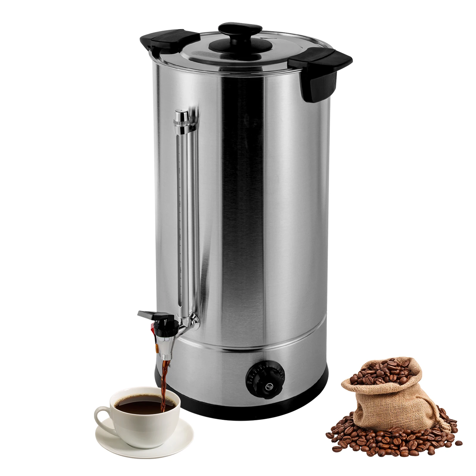 Stainless Steel Hot Beverage Dispenser, Brushed 201 Shell Twist Lock Lid Visible Water Gauge Reusable Plastic Filter Dual-stage Tap Auto Brew Large Gathering Drink Vessel