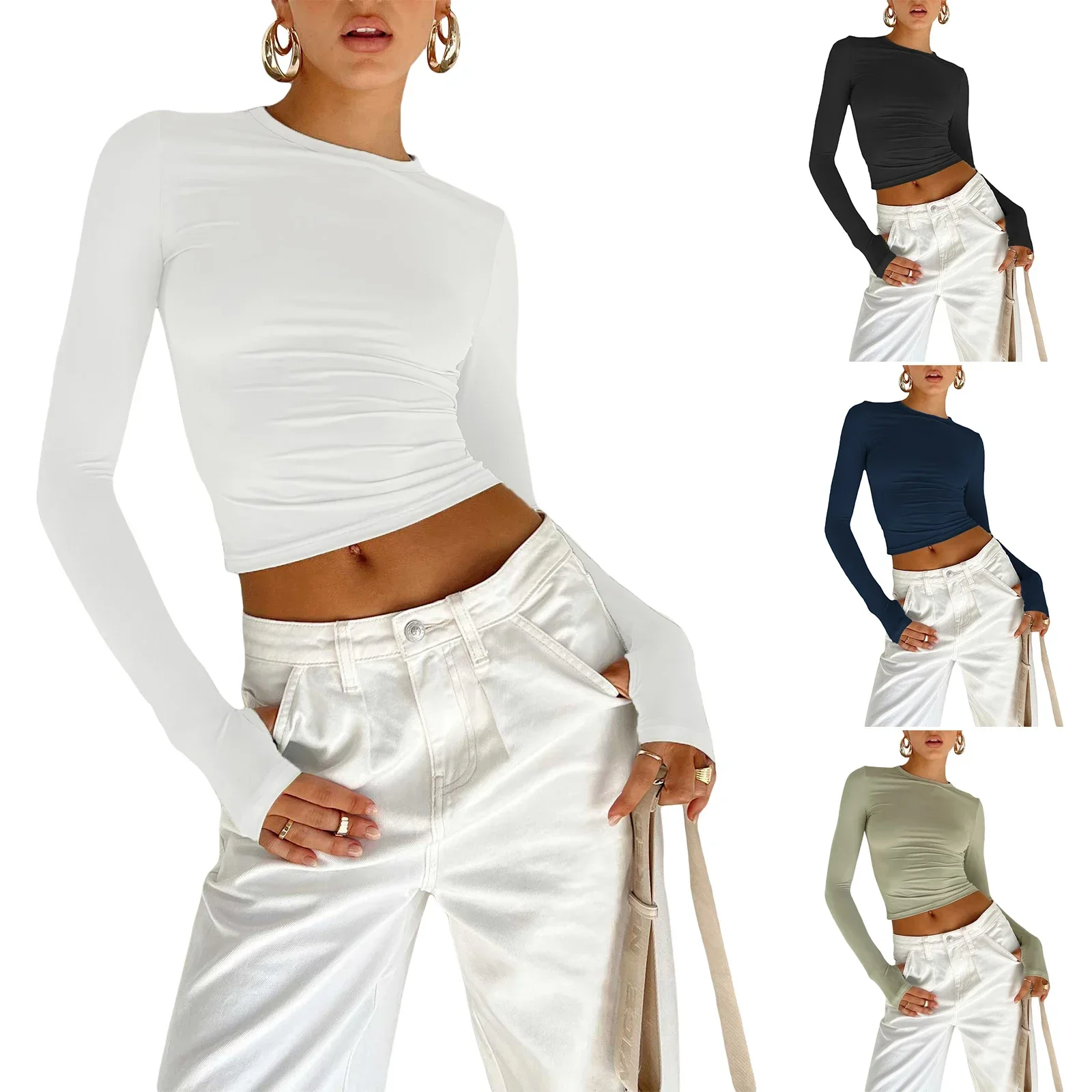 Women Long Sleeve T-shirt Y2K Crop Tops Solid Slim Fit Pullovers Casual Tees Shirts with Thumb Hole Spring Autumn Streetwear - Image 5