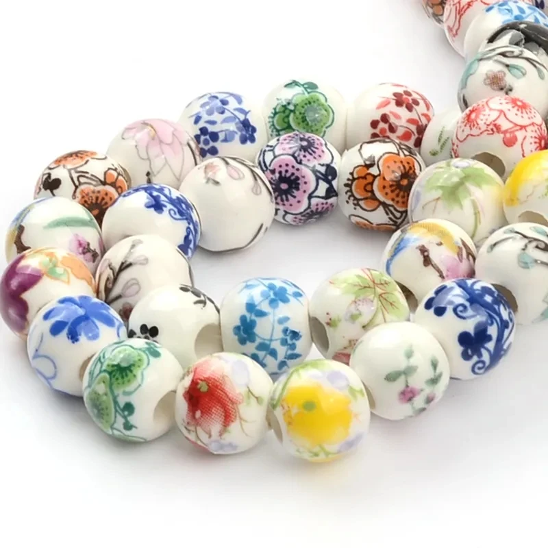 20Pcs 10mm Chinese Printing Flower Big Hole Beads Ceramic Beads Porcelain Loose Beads for Bracelets Pendants Jewelry Making DIY