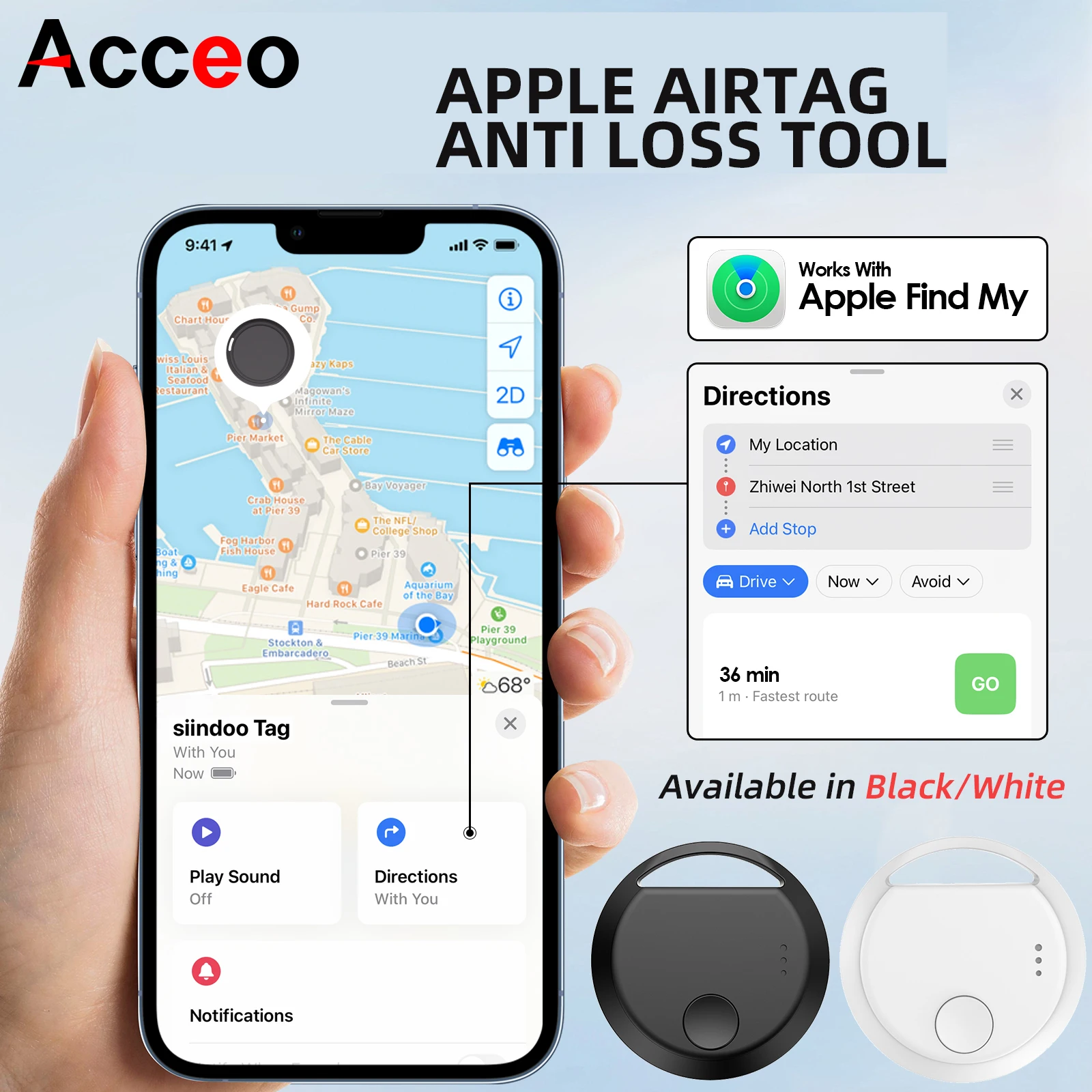 Etiqueta Inteligente Antipérdida Acceo, Rastreador GPS Bluetooth, Funciona con la Aplicación Apple Find My, Localizador de Llaves, Billetera, Equipaje, Mascotas