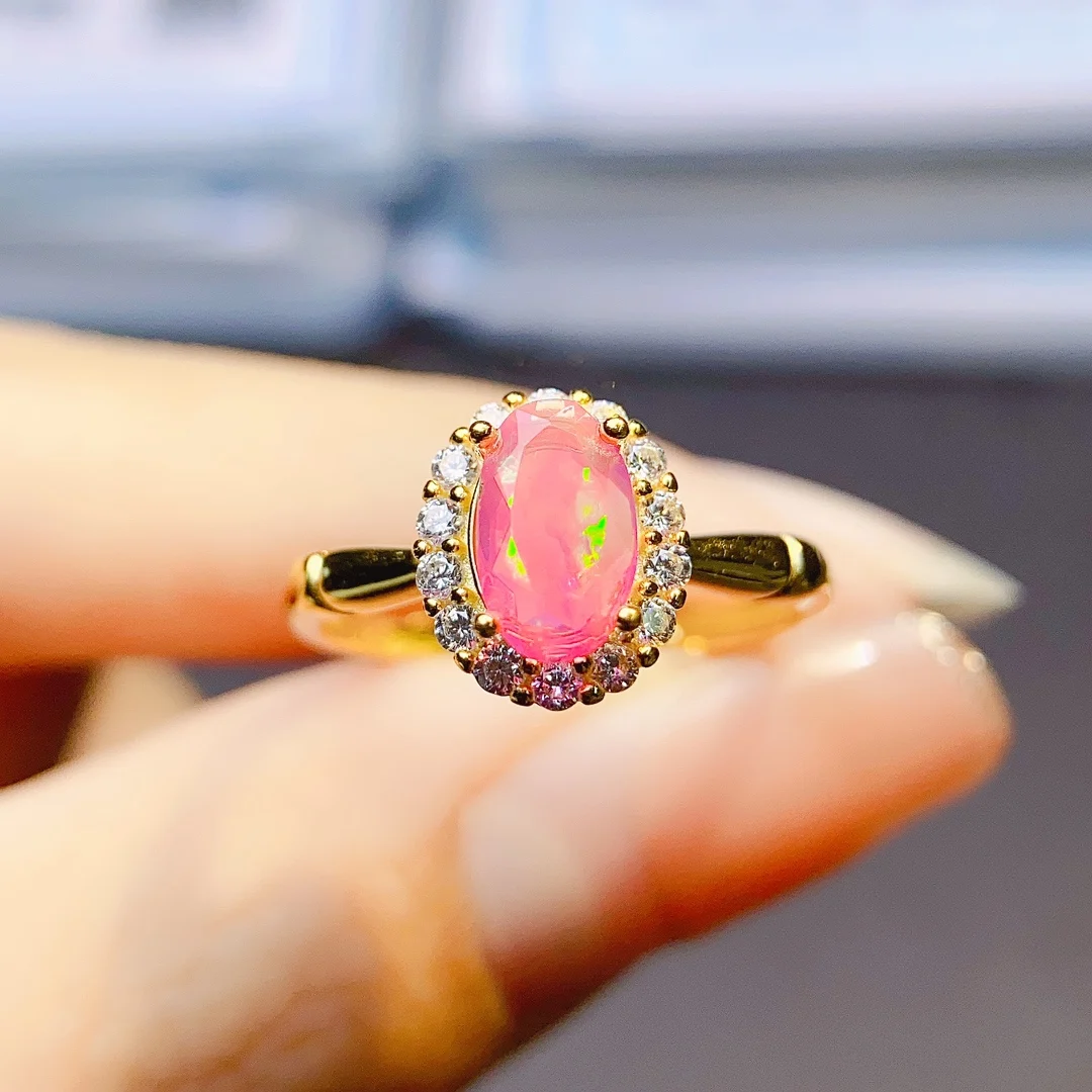 Natural Pink Opal Ring October Birthstone Ring 925 Sterling Silver Pink Gemstone Engagment Ring For Gift