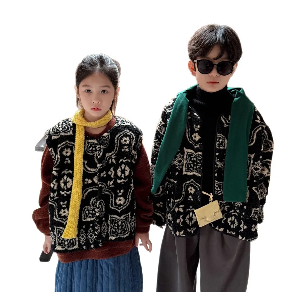 

Children's Coat 2025 Autumn and Winter Korean Boys and Girls Thickened Retro Mao Mao Coat Round Neck Casual Tops