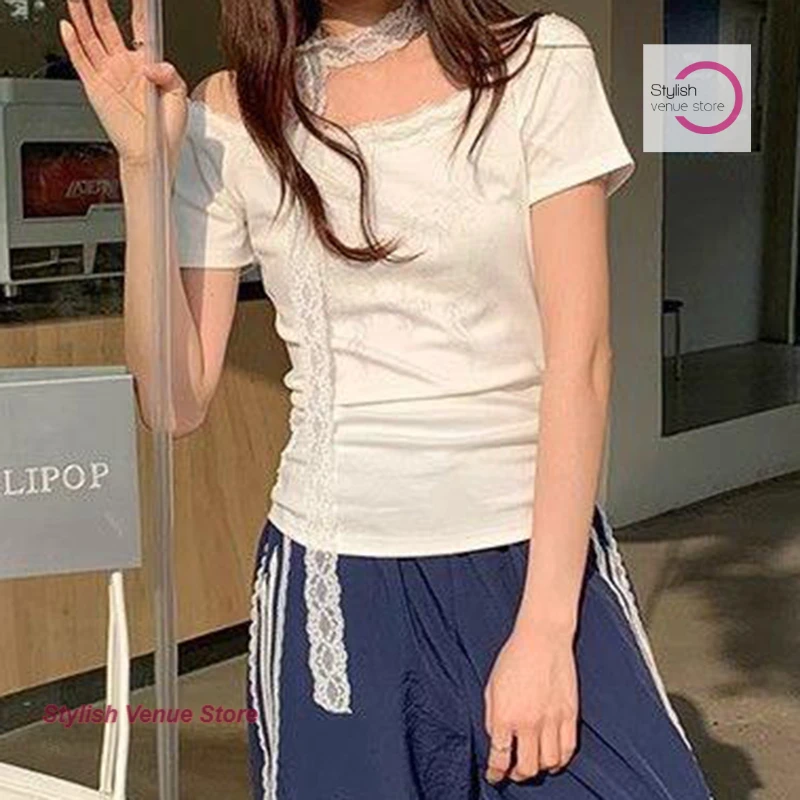 French white lace ribbon diagonal shoulder short sleeve T-shirt women's summer new sweet spice girl stitching pleated top