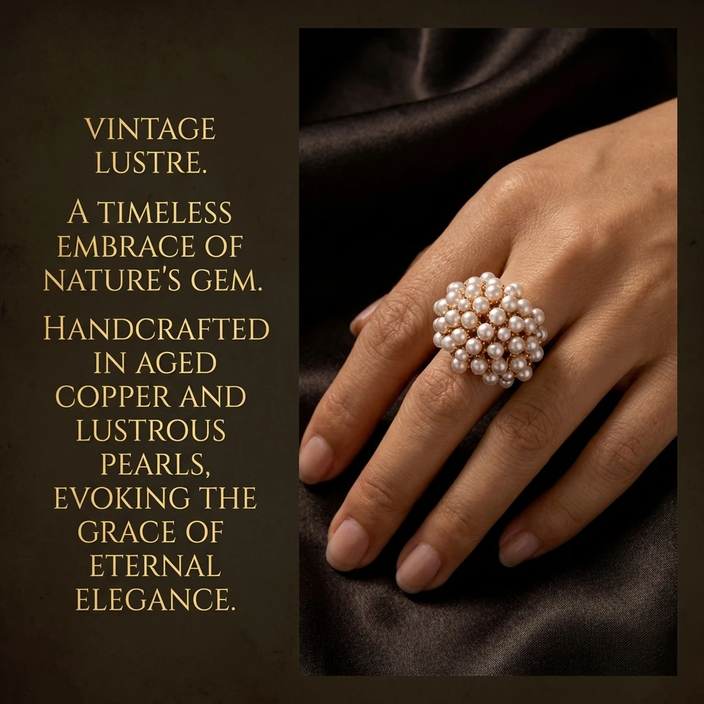 Old Money Perlen-Blumencluster Cocktailring für Damen, Massiver Messingring mit Hohldesign, Eleganter Abendparty-Schmuck, Statement-Stück – Detail 1