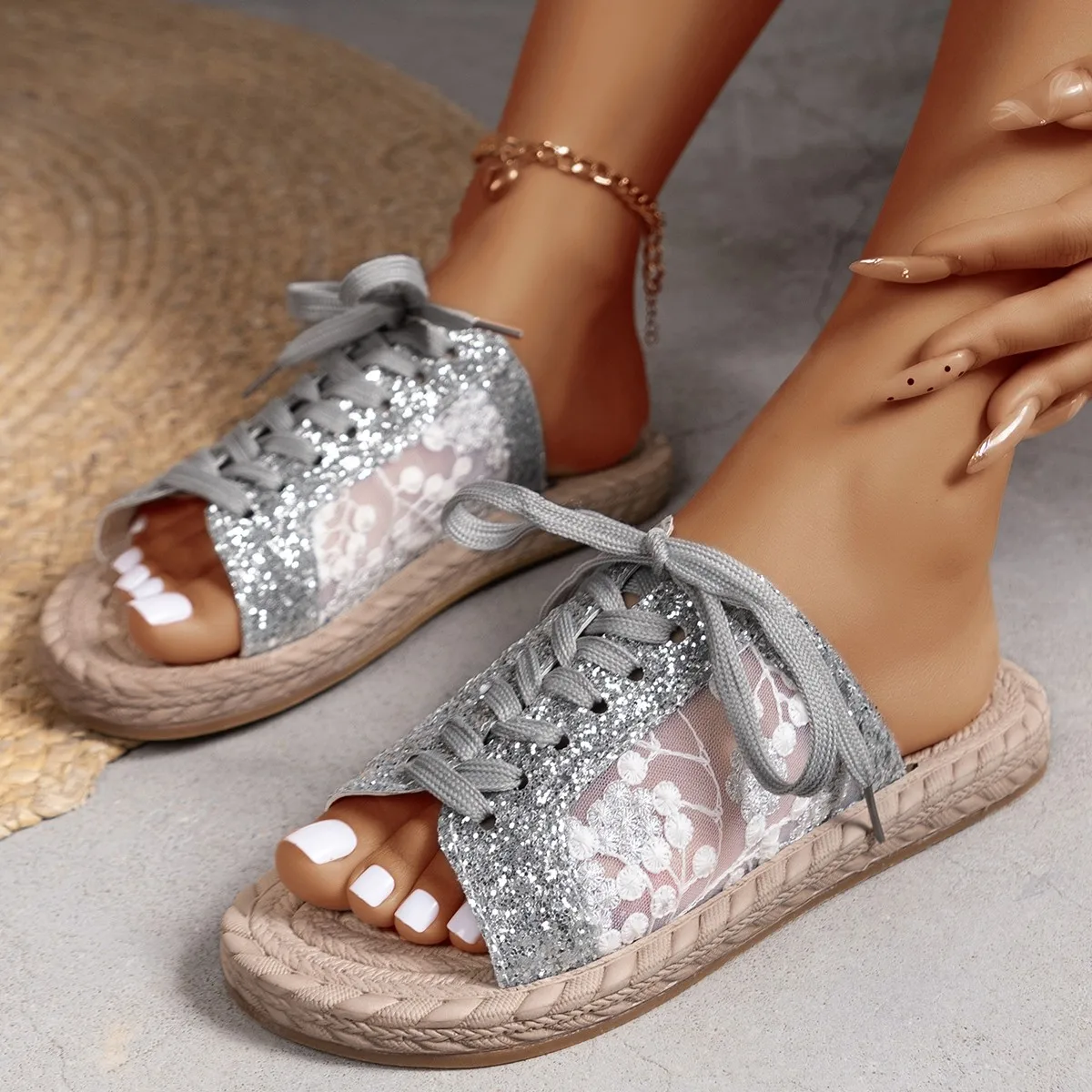 

Large Size Crystal Flower Women Slippers Fashion Open Toe Low-heeled Slippers Women Summer Casual Cozy Slides Female Flip Flops